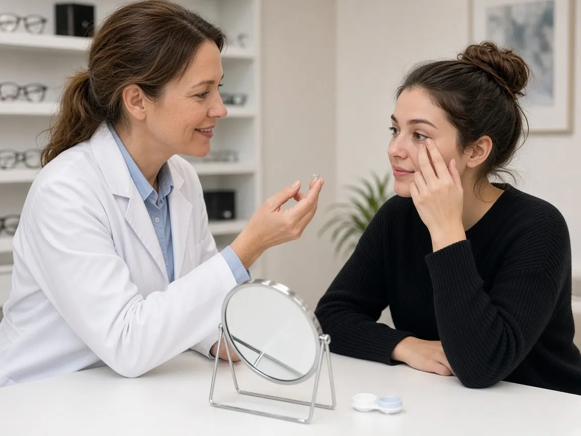 Optometrista explicando el uso de lentes de contacto a una clienta