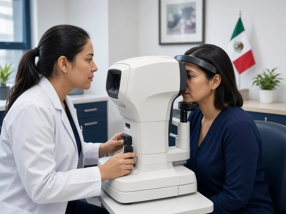 Optometrista realizando un examen de la vista con autorefractómetro
