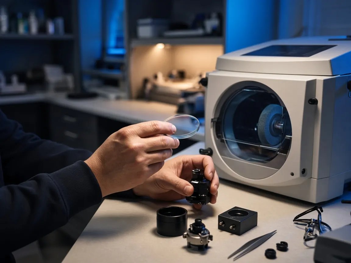 Técnico montando una mica en el laboratorio óptico