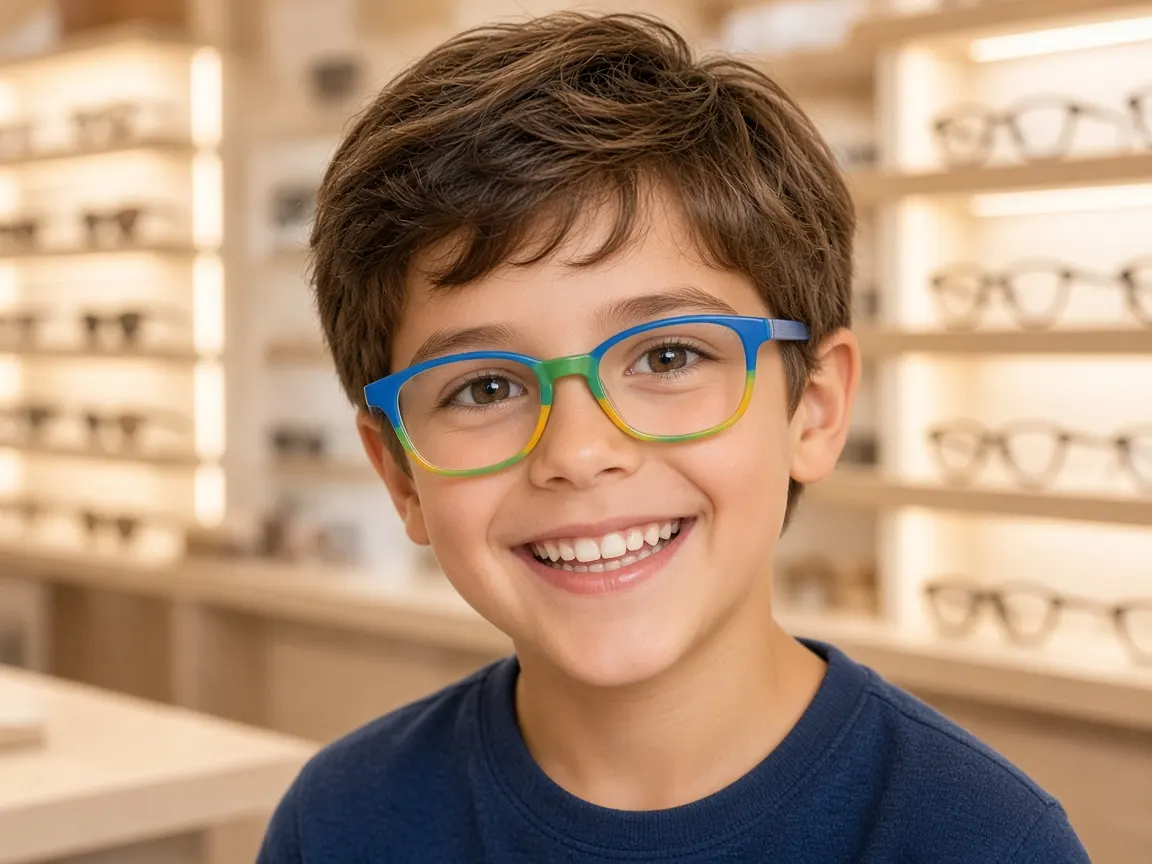 Niño sonriente usando armazón flexible de colores